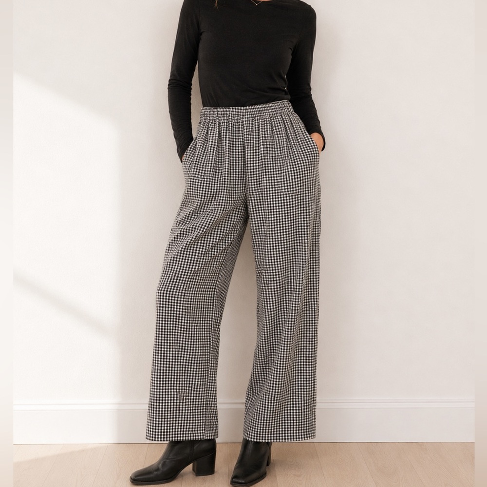 NWT A New Day Black Gingham Mid-Rise Wide Leg Linen Blend Pull-On Pants | Size M